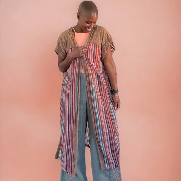 POL Long Striped Boho Button Side Duster - Picture 3 of 4